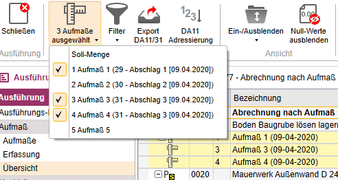 Menü Aufmaß Soll-Menge
