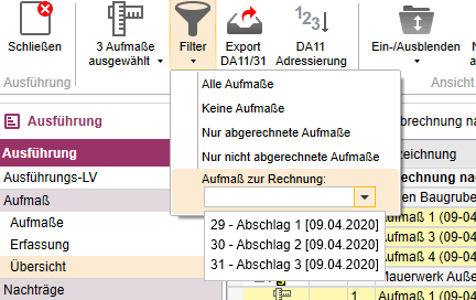 Menü Aufmaß Filter