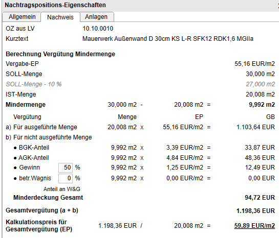 Nachtragsposition Eigenschaften