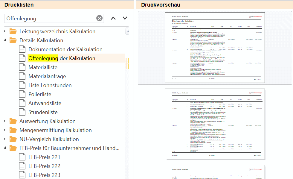 Urkalkulation und EFB-Preis mit nextbau Screen Druckvorschau in nextbau