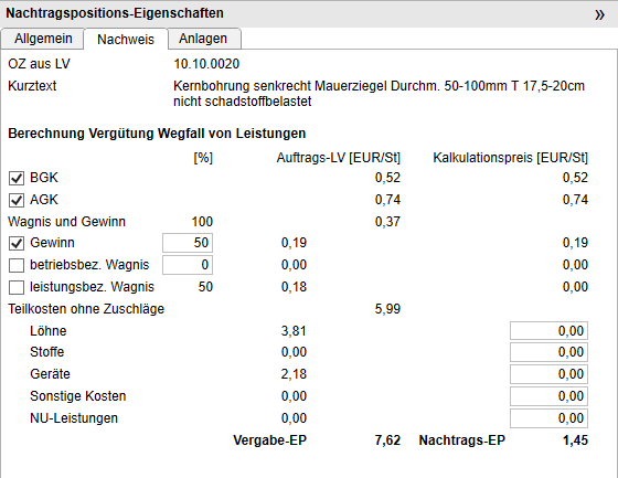Nachtragsposition Eigenschaften