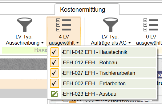 Screen  eine Kostenermittlung mit mehreren LVs vergleichen
