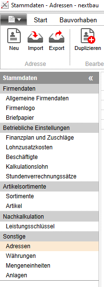 Adressen Import Menü