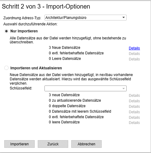 Adressen Import Einstellungen