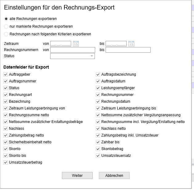 Rechnung Export Einstellungen