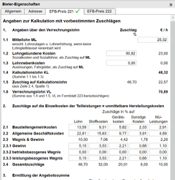 Screen Nachtragsprüfung mit EFB-Angaben