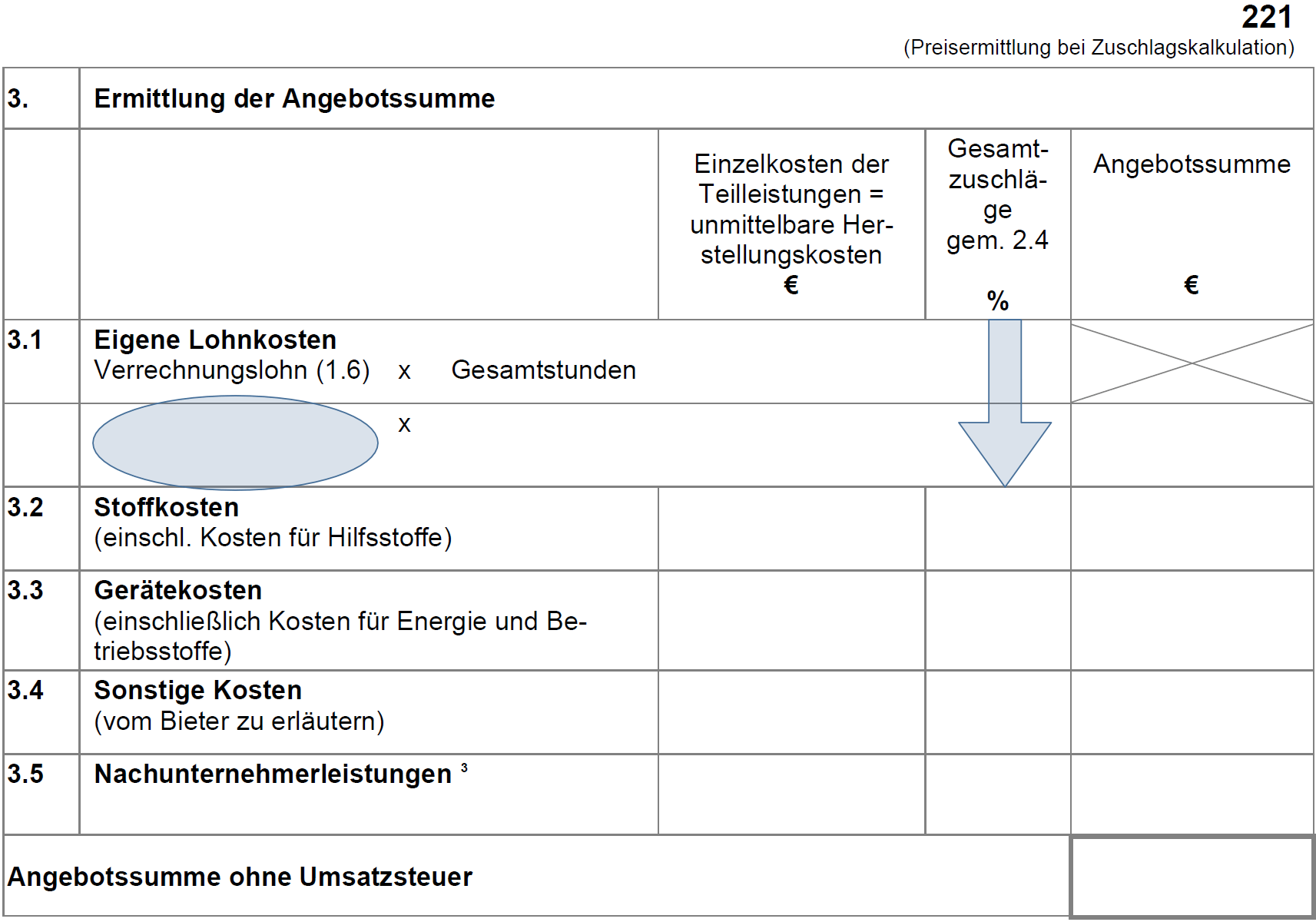 Ermittlung der Angebotssumme – EFB-Preis 221