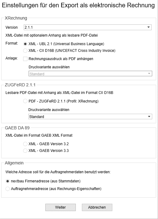 E-Rechnung erzeugen Einstellungen