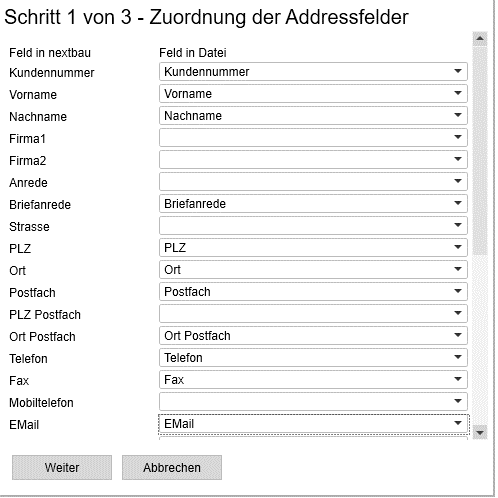Zuordnung Adressfelder