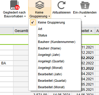 Menü Bauvorhaben gruppieren